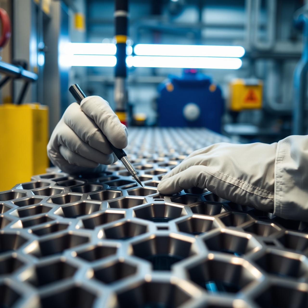 Technician inspecting a heat exchanger tube sheet